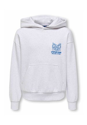 Sweat à capuche gris clair avec poche frontale et graphique bleu de silhouettes dansantes avec le texte "Utopian Sound Record Store" sur la poitrine.