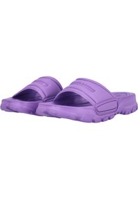 Purple rubber slide sandals featuring a wide strap design, textured footbed, and patterned sole for enhanced grip and comfort.