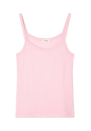 Light pink camisole top with thin straps, featuring a round neckline and a smooth cotton texture. No patterns or embellishments present.