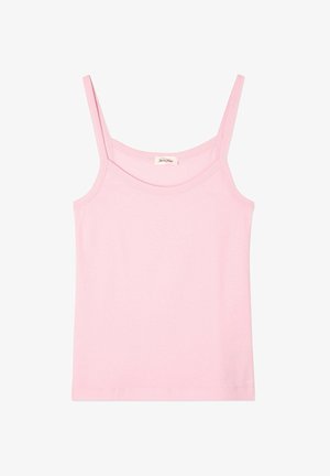 Light pink camisole top with thin straps, featuring a round neckline and a smooth cotton texture. No patterns or embellishments present.