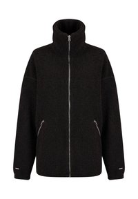Veste polaire noire avec fermeture éclair intégrale à l'avant, col montant, manches longues et deux poches latérales zippées.