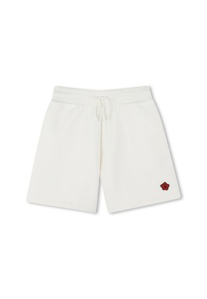 Shorts en mélange de coton blancs avec une taille élastique, un cordon de serrage ajustable et un accent floral brodé rouge sur le bas à gauche.