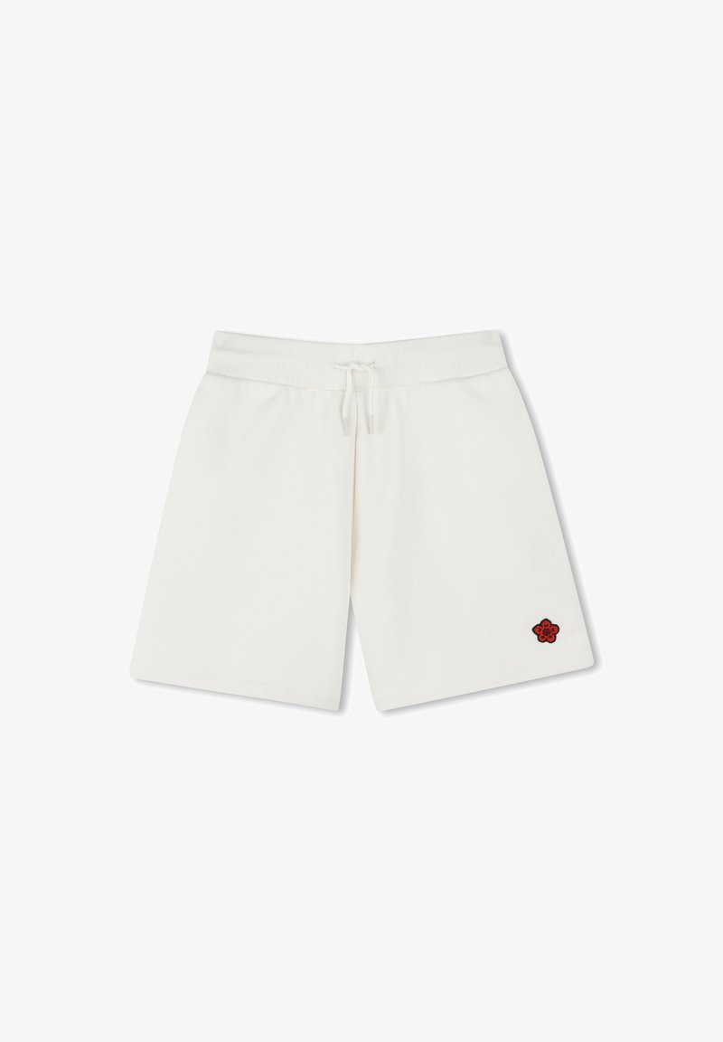 Shorts en mélange de coton blancs avec une taille élastique, un cordon de serrage ajustable et un accent floral brodé rouge sur le bas à gauche.