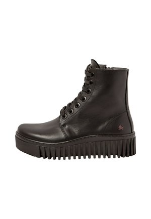 Black leather ankle boots with a round toe, lace-up design, and chunky ridged sole. Features a small emblem on the side.
