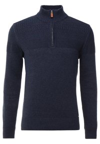 Pull en maille bleu marine avec col à fermeture éclair, motif texturé sur le haut, et ourlet et poignets côtelés. Confectionné en matière douce rappelant la laine.