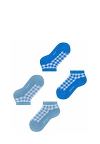 Blaue und hellblaue Knöchelsocken mit karierter Musterung, mit Struktur durch Sprenkel, ausgestattet mit kontrastierenden Bündchen- und Fersendesigns.