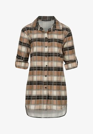 Pruun ja beez ruuduline särk kraega, nööbid ette ja kolmeveerandi varrukatega. Sile kangas, millel on veidi kumer hemlõpp.