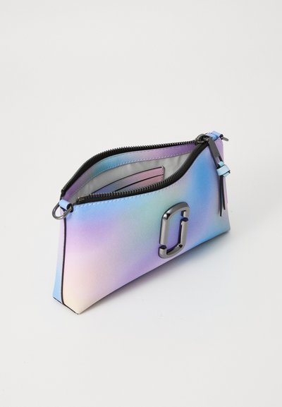 Compact pouch in iridescent material, featuring a zipper closure and a silver accent. Smooth texture with a gradient of pastel colors.