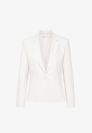 Biała marynarka o dopasowanym kroju, z wykładanym kołnierzem, zapinana na jeden guzik, z długimi rękawami; gładka struktura i czyste linie.