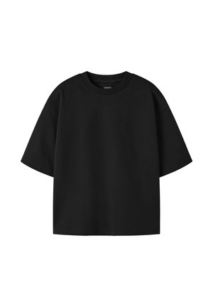 T-shirt noir à manches courtes oversize avec col rond, présenté sur fond blanc.