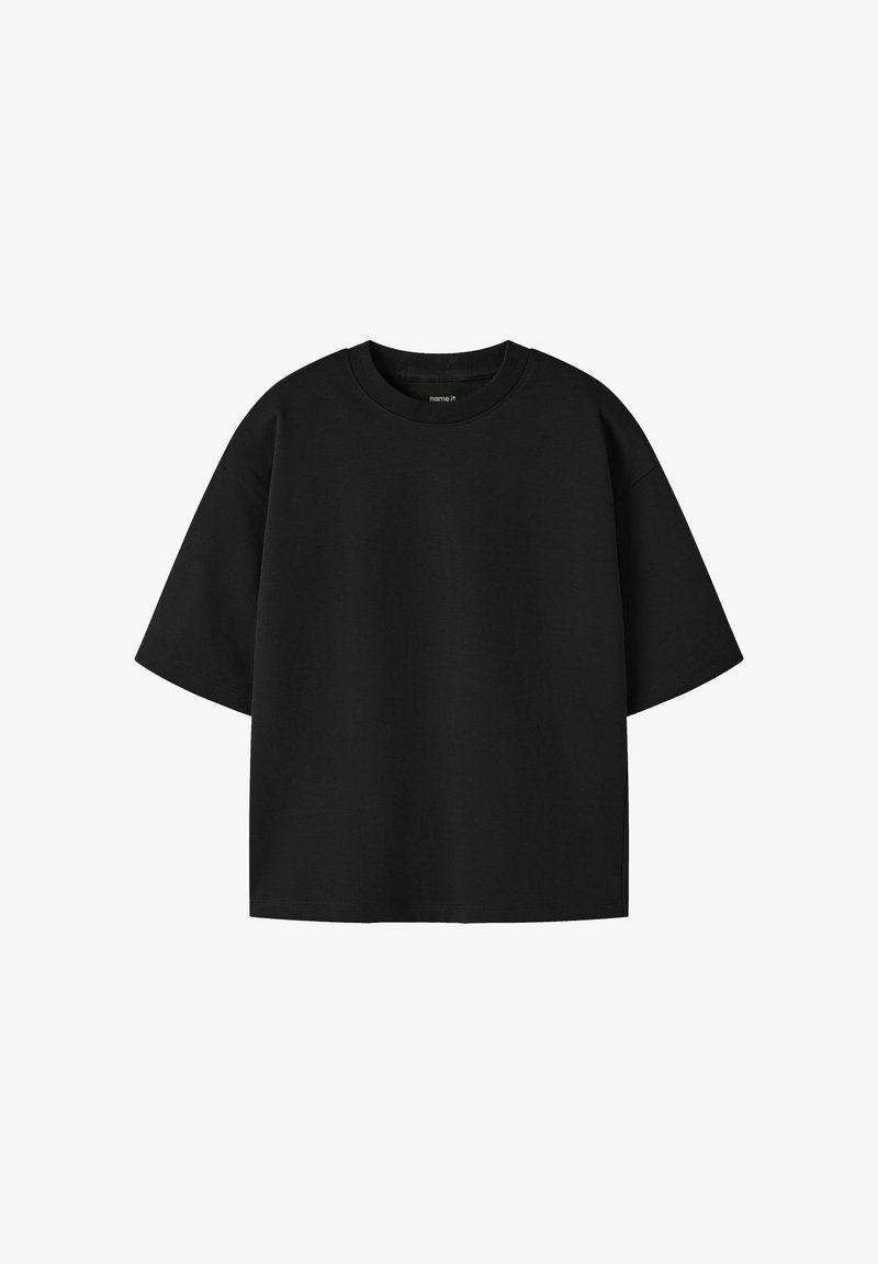 T-shirt noir à manches courtes oversize avec col rond, présenté sur fond blanc.