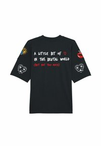 Black oversized t-shirt with short sleeves, featuring colorful graphic prints and text on the front and sleeves, including hearts and lips.