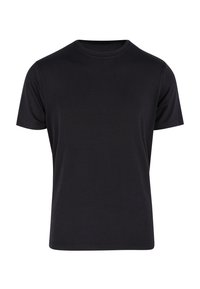 Czarny t-shirt z krótkim rękawem o okrągłym dekolcie, wykonany z gładkiego, lekkiego materiału, charakteryzujący się regularnym krojem oraz brakiem zdobień i wzorów.