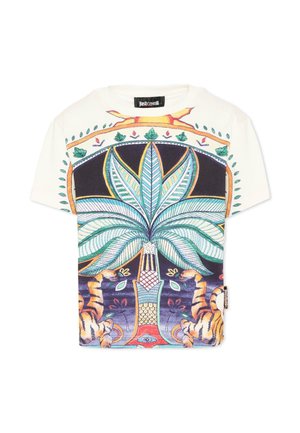 T-shirt bianca a maniche corte con design tropicale colorato che presenta una grande palma, due tigri e motivi decorativi.