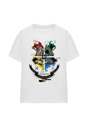 White t-shirt with colorful Hogwarts crest featuring a lion, snake, badger, and eagle, including house names and motto banner.