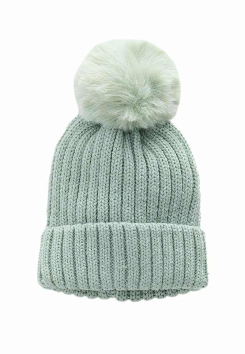 Dzianinowa czapka beanie w jasnym miętowym kolorze, o prążkowanej fakturze. Posiada dużą, miękką pompon z futra na górze oraz złożony mankiet u dołu.