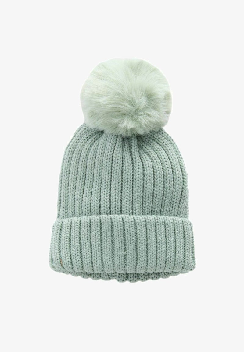 Strickmütze in hellmintgrün mit einem gerippten Muster. Sie hat einen großen, weichen Fellpompon oben und einen umgeschlagenen Saum an der Unterseite.