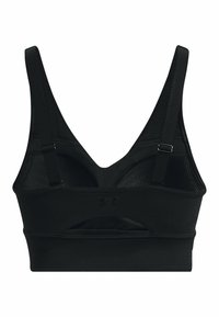 Must mustikasportbra, millel on laiad rihmad, tekstureeritud kangas ja keskel lõikega disain. Reguleeritavad rihmad ja logo ees.