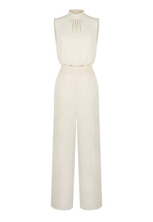 Completino beige con scollatura alta e design senza maniche. Presenta un punto vita arricciato e pantaloni a gamba larga con una finitura testurizzata.