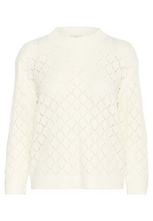 Hvid strikket sweater med diamantmønster, rund halsudskæring og ribbede manchetter. Fremstillet af et blødt, let materiale.
