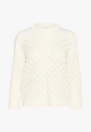 Fehér kötött pulóver, amelyek gyémántmintával, kerek nyakkivágással és bordázott mandzsettával rendelkezik. Puha, könnyű anyagból készült.