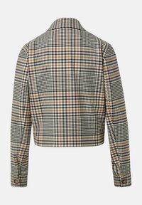 Zkontrolovaná krátká bunda s dlouhými rukávy a knoflíkovými manžetami v béžových, černých a hnědých odstínech zobrazená ze zadní strany.