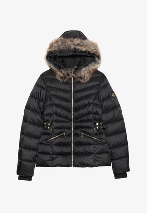 Juodas pūkinis švarkas su dirbtiniu kailio pamušalu ant kapšos, užtrauktuko priekyje ir dviem užtrauktukais uždaromomis kišenėmis. Savybės: horizontalių siuvinėjimų raštas ir aukso spalvos aksesuarai.