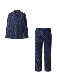 Conjunto de pijama azul marino que incluye una camisa de botones de manga larga y pantalones con cintura elástica, adornado con un ligero patrón de estrellas por todo el tejido.