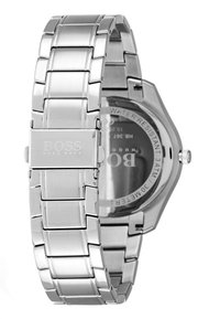 Silver stainless steel watch with a linked bracelet, octagonal case, and water-resistant back showcasing the brand logo and details.