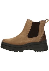 Brown suede ankle boot with elastic side panels, a black chunky sole, and a brown leather heel cap. Features a pull tab for easy wear.