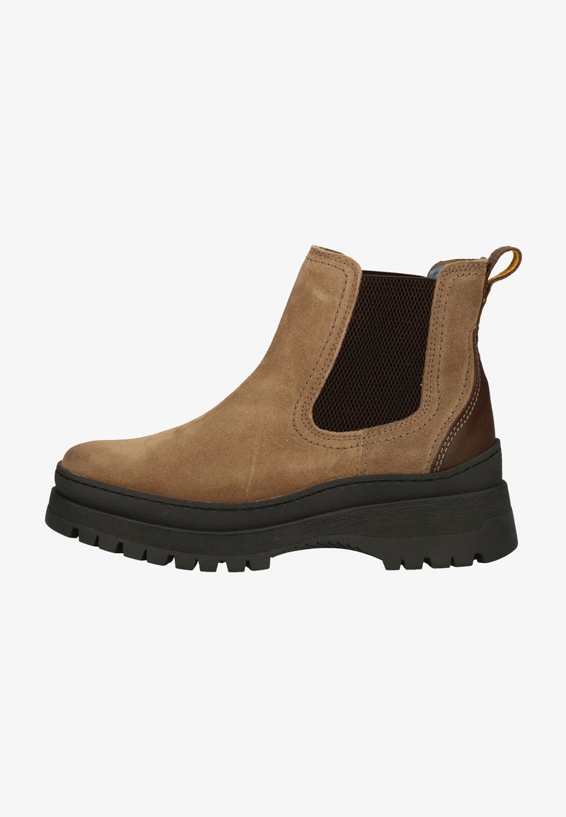 Braune Wildleder-Ankle Boots mit elastischen Seitenpaneelen, einer schwarzen, klobigen Sohle und einer braunen Leder-Fersenabdeckung. Verfügt über eine Schlaufe zum einfachen Anziehen.