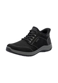 Scarpe in pelle nera con dettagli grigi, design con lacci, suola in gomma e tacco leggermente rialzato. Presentano dettagli di cucitura lungo i lati.