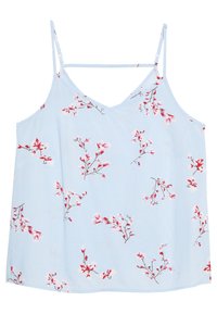 Ljusblå camisole med ett blommönster av rosa och vita blommor. Justerbara spaghettistroppar och V-ringning. Slätt tyg.