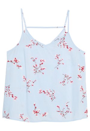 Camisole bleu clair avec un motif floral comprenant des fleurs roses et blanches. Bretelles spaghetti réglables et décolleté en V. Tissu doux.
