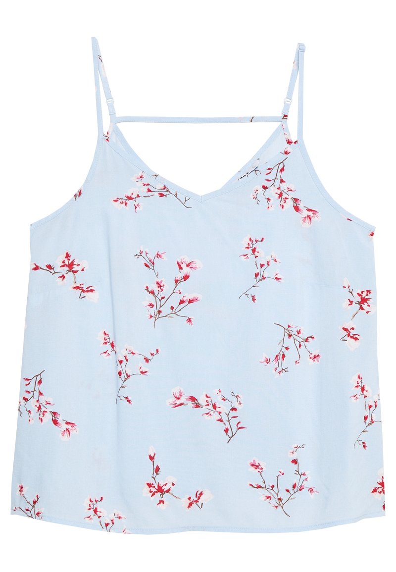 Ljusblå camisole med ett blommönster av rosa och vita blommor. Justerbara spaghettistroppar och V-ringning. Slätt tyg.
