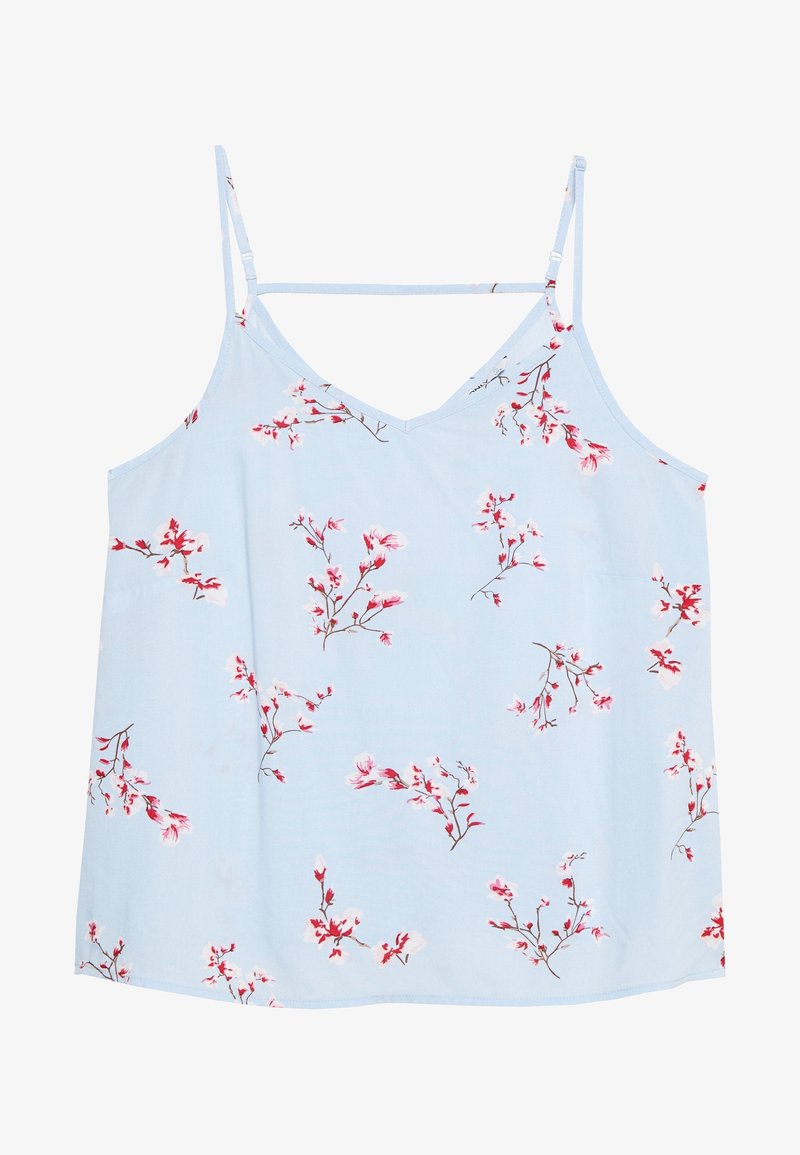 Light blue camisole featuring a floral pattern with pink and white blossoms. Adjustable spaghetti straps and a V-neck design. Smooth fabric.