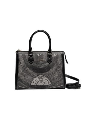 Borsa nera con manici corti e tracolla rimovibile, caratterizzata da un design a motivo circolare dettagliato e chiusura con zip.
