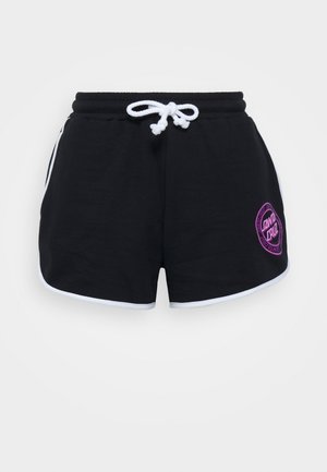 Sorte bomullershorts med hvit snor, hvit kant og en lilla sirkulær logo på høyre front.