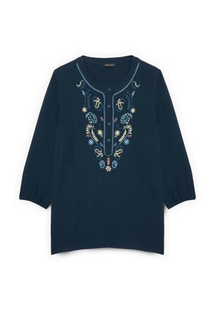 Blusa blu navy con maniche a tre quarti, caratterizzata da un intricato ricamo floreale multicolore lungo il collo e dettagli con bottoni.