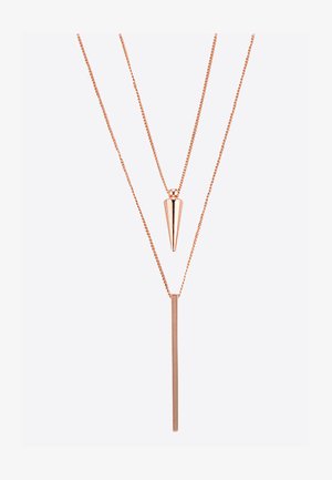 Collier multi-couches en or rose doté d'un pendentif en cône pointu et d'un pendentif en barre verticale, tous deux sur des maillons de chaîne délicats.