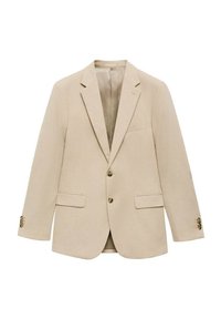 Beżowa marynarka skrojona na miarę z klapami, dwoma guzikami, kieszeniami z przodu i teksturowanym materiałem. Prosty design z klasyczną sylwetką.