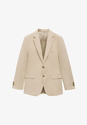 Beige väljer blazer med notch-krage, två knappar, framfickor och textilier. Enkel design med en klassisk silhuett.