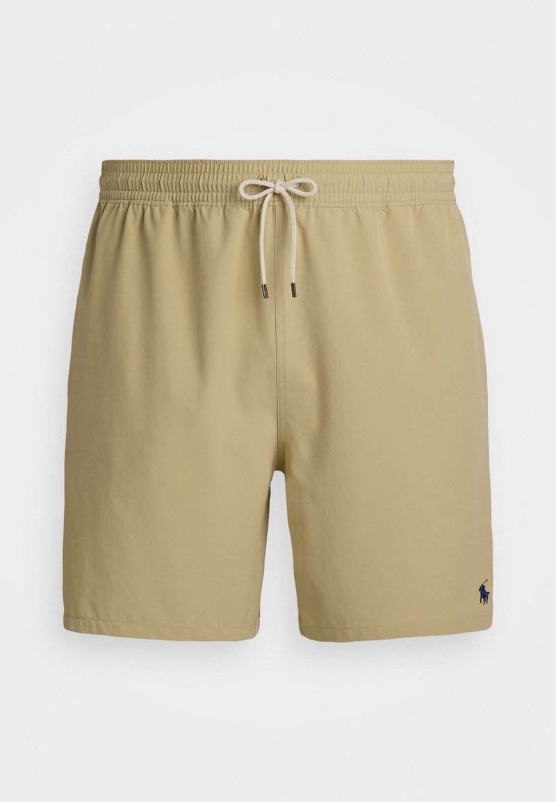 Beige heren zwemshorts met elastische tailleband, witte trekkoord en klein donkerblauw logo nabij de onderzoom op het linkerbeen.