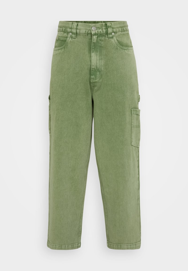 Lichtgroene cargobroek van denim, met een hoge taille, wijdvallend ontwerp, zijzakken en een enkele cargozak op het been.