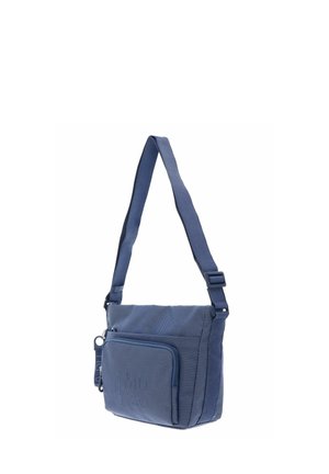 Petit sac bandoulière bleu avec sangle réglable et poche zippée à l'avant sur fond blanc.