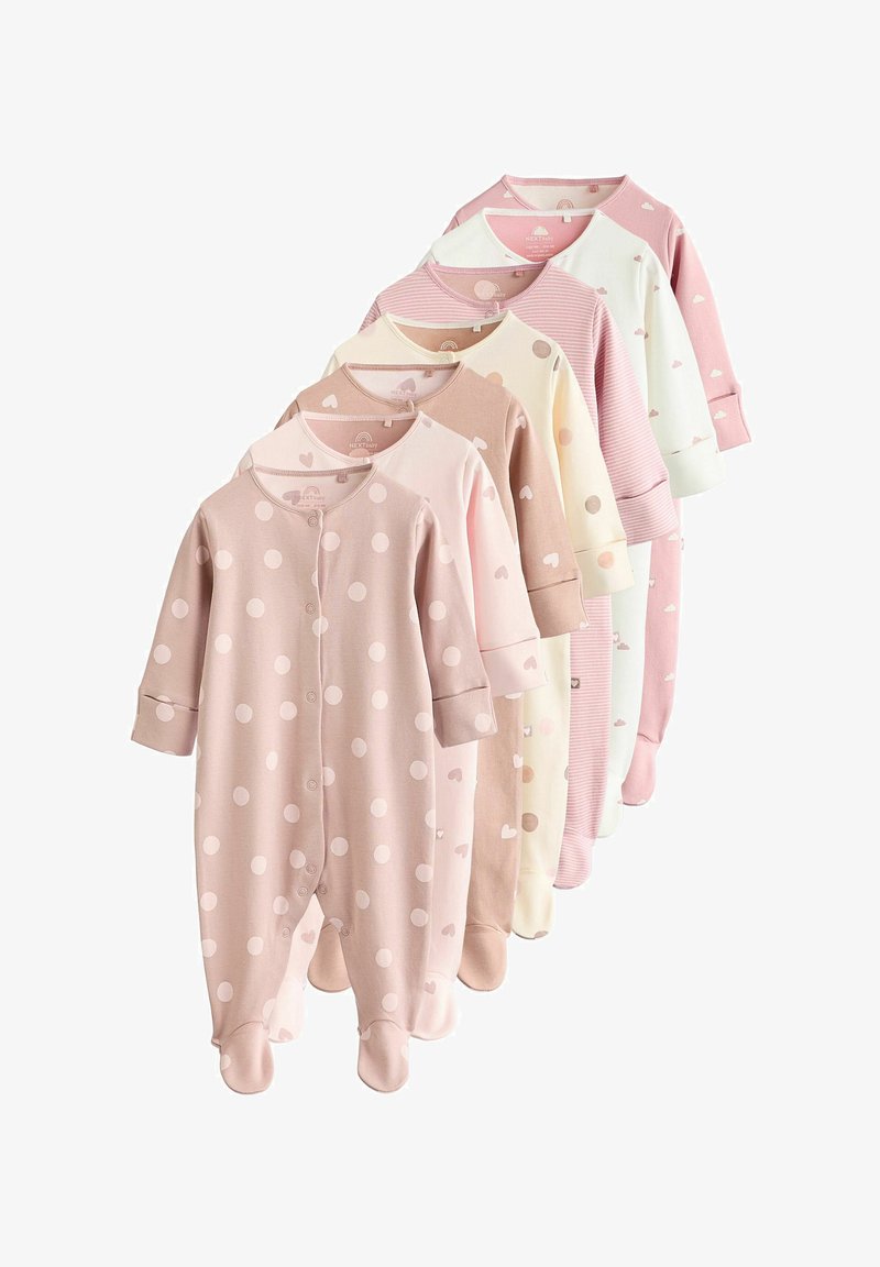 Sada piatich detských body v mäkkých pastelových farbách, s bodkami a vzormi srdiečok, so zapínaním na patentky a so zakrytými nožičkami.