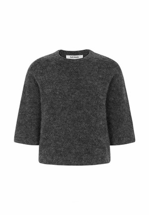 Šedý vlněný svetr s kulatým výstřihem, krátkými rukávy a jemnou texturou. Má rovný střih a minimalistický design.