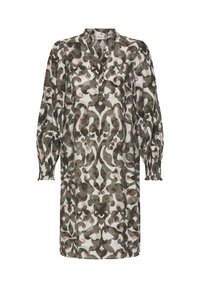 Hosszú ujjú ruha könnyű, mintás anyagból, földszínekkel, zöld és rózsaszín árnyalatokban. Galléros nyakkal és gombos záródással rendelkezik.