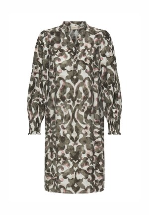 Long-sleeve dress in lightweight, patterned fabric with earthy tones of green and pink. Features a collared neck and button closure.