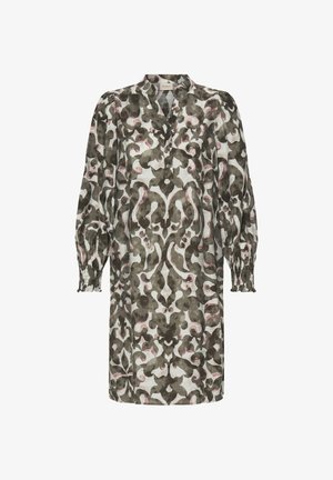 Long-sleeve dress in lightweight, patterned fabric with earthy tones of green and pink. Features a collared neck and button closure.